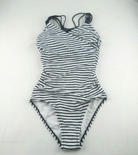 Kona Sol Womens Macram  Strap High Coverage One Piece Swimsuit Navy White Sz S