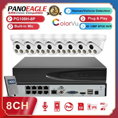 Panoeagle 8CH 8POE 5MP Security CCTV System ColorVu IP Camera MIC 12MP NVR Lot