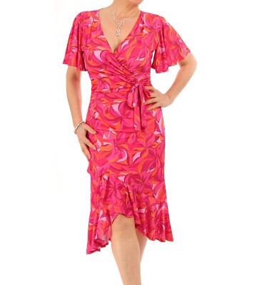 Neues rosa und orange Print Flatterärmel Rüschenkleid