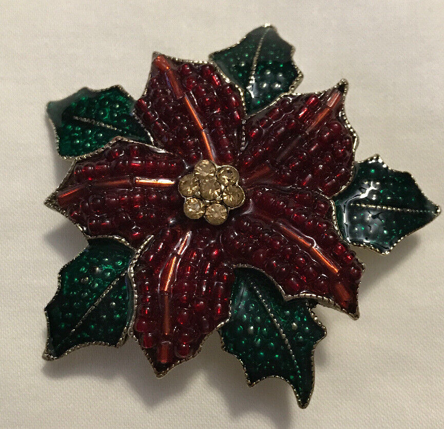 Vintage LC POINSETTIA FLOWER BROOCH Pin Red Ename… - image 2