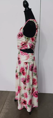 NEW EXPRESS $128 Pleat Chest & Waist Sleeveless CUT-OUT DRESS Midi FLORAL Lined - 第 1/17 張圖片