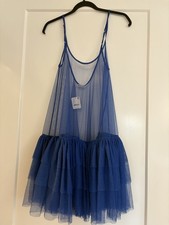 Free People Blue Tulle Babydoll Slip Dress Sheer Ruffle Small NWT