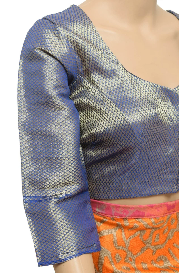 Blusa Sari Vintage Readymade Mujer Zari Brocado Seda Frontal Abierto Azul Choli 38 Foto 3 de 4