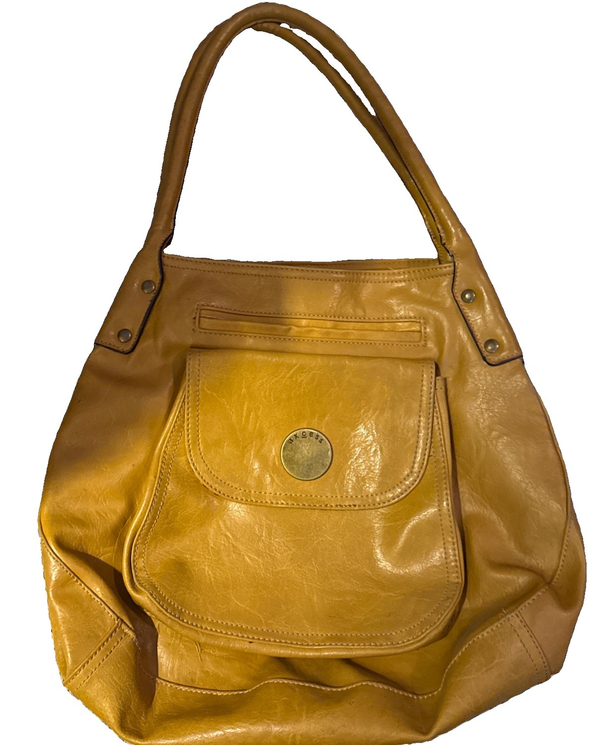 Mustard yellow leather hobo shoulder bag with a floral fabric lining