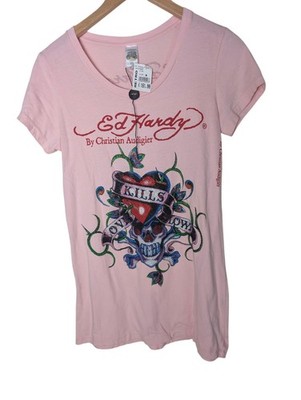Ed Hardy Christian Audigier rosa Strass Perlen Pailletten T-Shirt, M 10, Vintage Y2k NEU