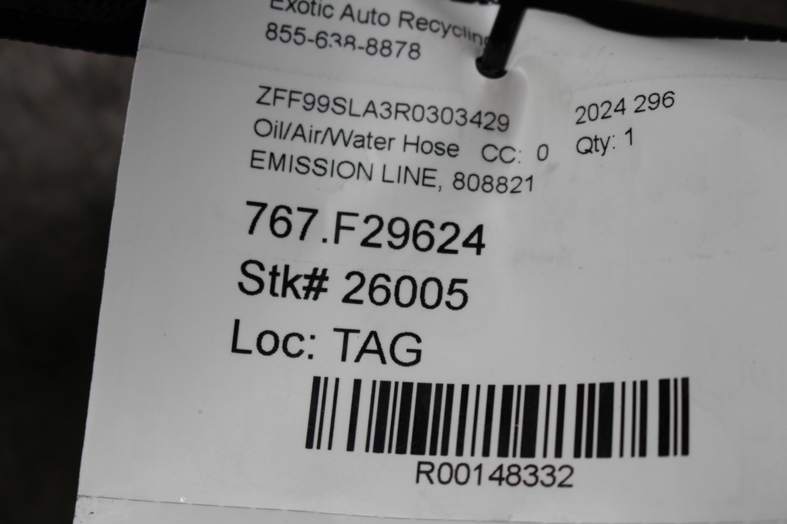 Ferrari 296 GTB Left Vacuum hose P/N 808821