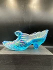 Fenton Blue Iridescent Carnival Glass Drapery Cat Head Slipper Shoe Figurine