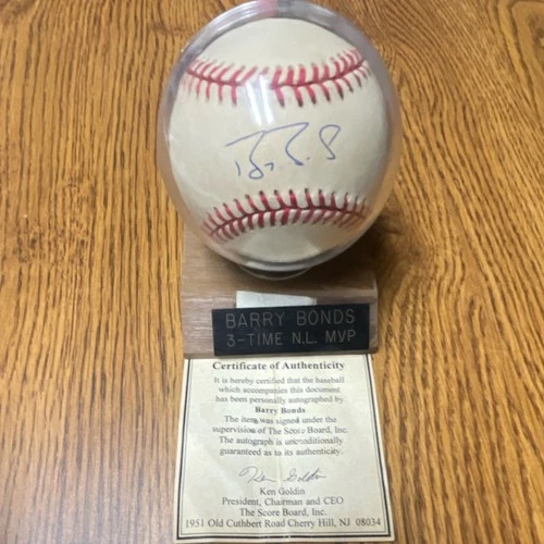 Barry Bonds Autographed Baseball with The Score Board COA and Display Stand