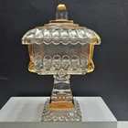 Vintage Jeanette Glass Wedding Cake Box Pedestal Candy Dish W/Lid Gold Trim