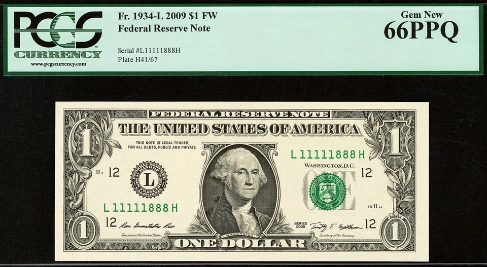 1999 & 2009 $1 FRN PCGS 66PPQ Fancy Binary Serial Number 11111888/88811111 - Image 2 of 4