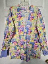 Peaches Scrub Jacket size XS-Pastel Floral/Hearts Button Front-Chest 22"/L 29.5"