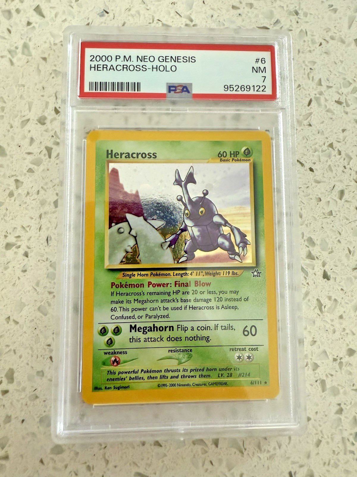 2000 Pokemon Card Neo Genesis Heracross - HOLO  NM PSA 7