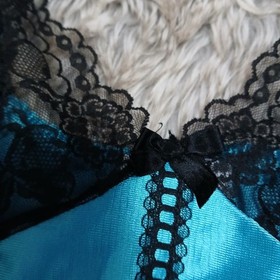 Vtg NOS 80s Symmetry Fashions Blue Satin Lace Lingerie Babydoll Camisole M