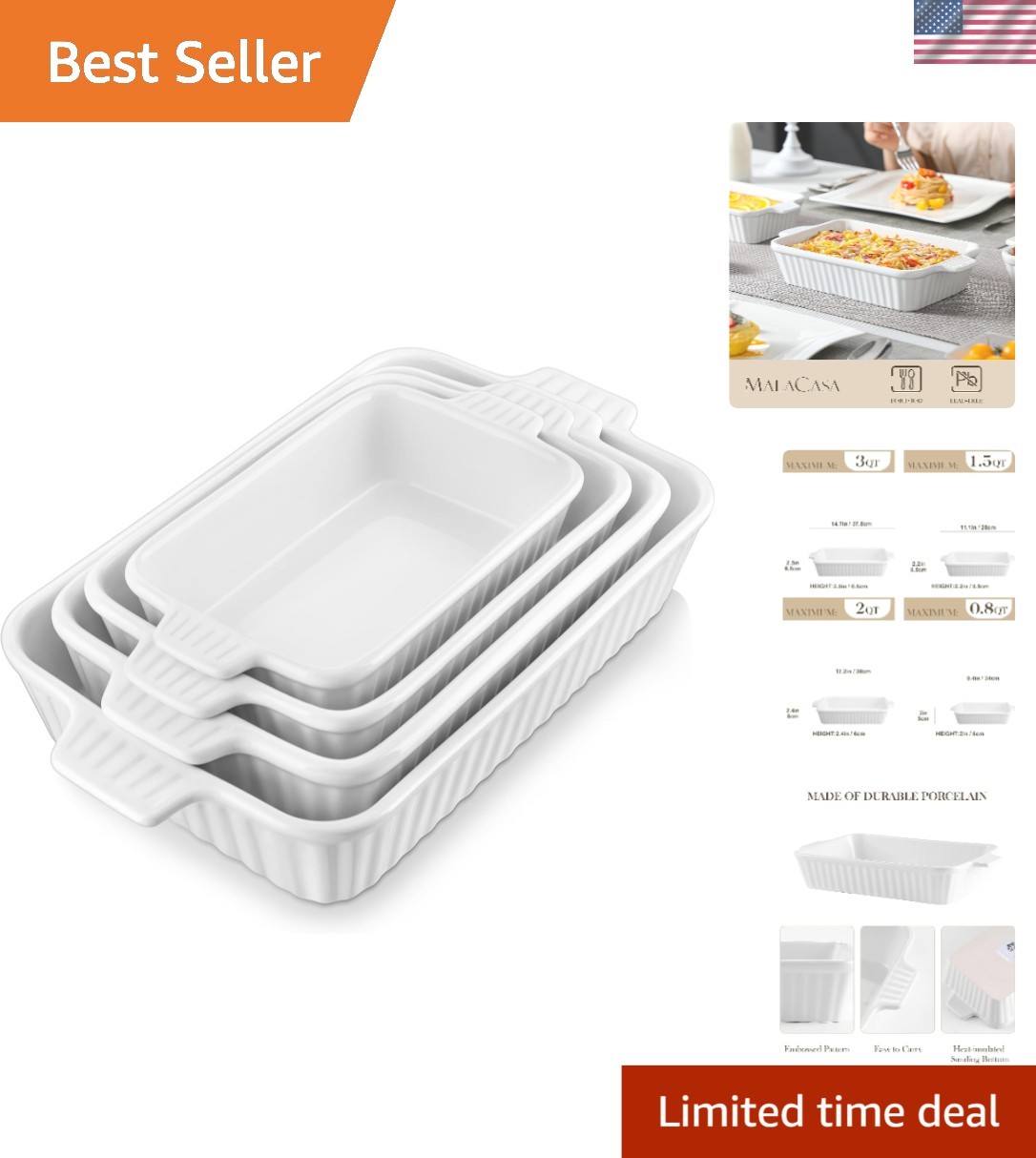 Versatile Ceramic Bakeware Set of 4 – Rectangular Bake Dishes with Handles