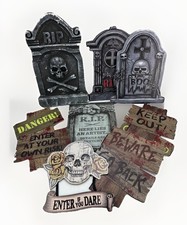 Halloween Foam And Cardboard Tombstones And 3 Signs With Stakes 35 