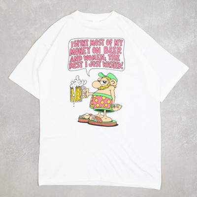 Vintage Money On Beer Single Stitch T-Shirt X-Large Herren 90er weiß lustig