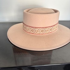 Olive & Pique Beige 100% Wool Felt Boater Hat Tapestry Band Wide Flat Brim