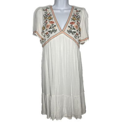 In Loom Bohemian Mini Dress Size L White Floral Embroidered Flutter Sleeve 