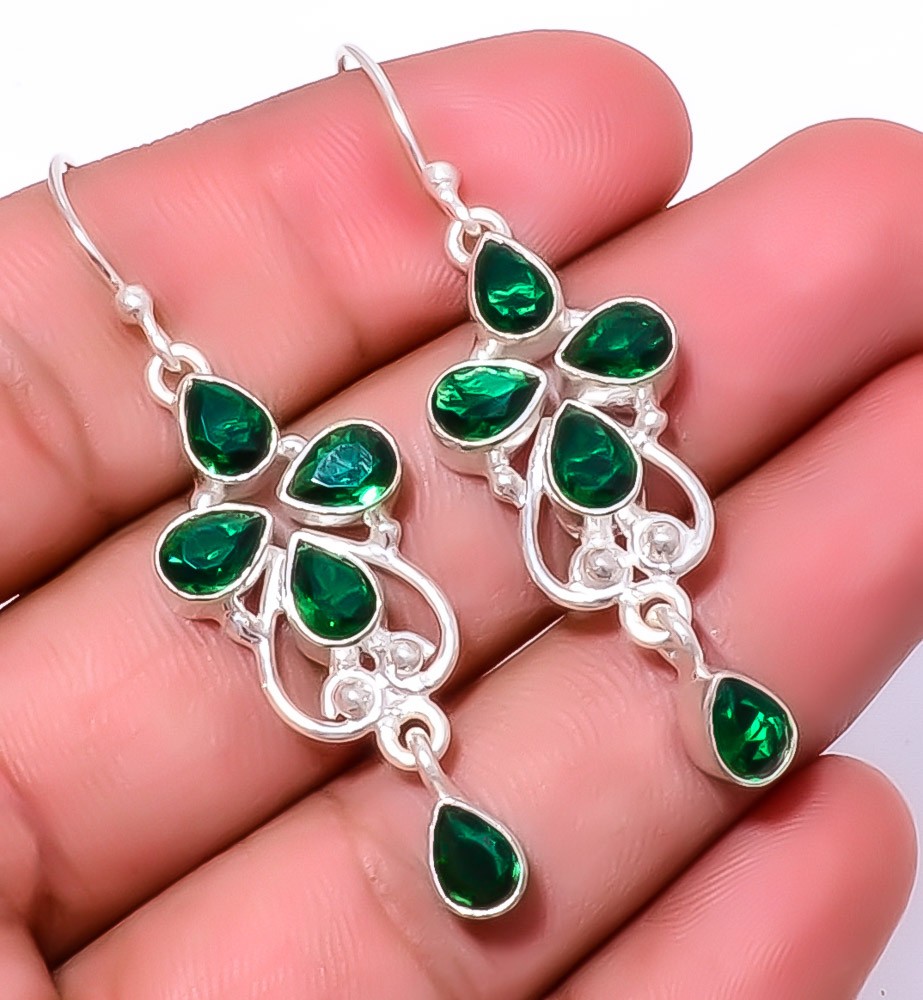 Simulated Emerald 925 Sterling Silver Bali Dangle Earrings 2.1 Inch