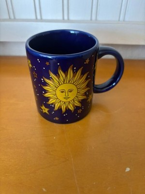 Vintage 1990s Celestial Sun Moon Stars Planets Coffee Tea Mug Cobalt Blue 14oz