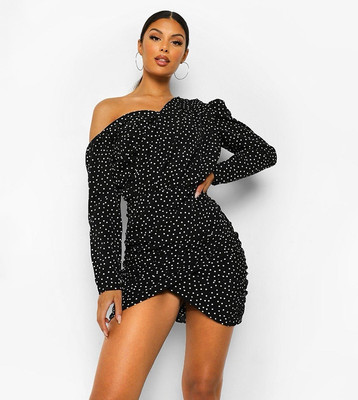 Boohoo UK10 Polka Dot Ruched Asymmetric Dress Women’s Black/White One  Shoulder UK
