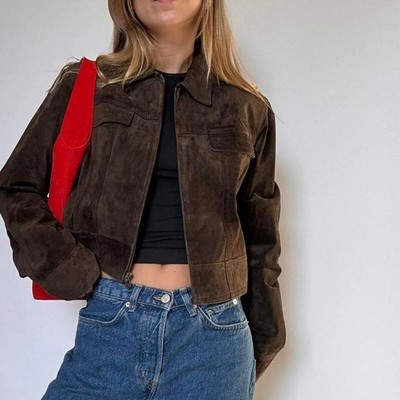 Women's Brown Suede Cropped Jacket Oversized Shirt Style Chest Pockets Coat