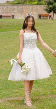 White Tea-Length Sleeveless Scoop Neck Lace Tulle Wedding Dress, Beading