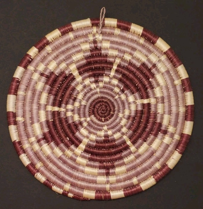 Woven Grass Coil Trivet Africa Sisal Protect Decor 9 1/2" Maroon Natural