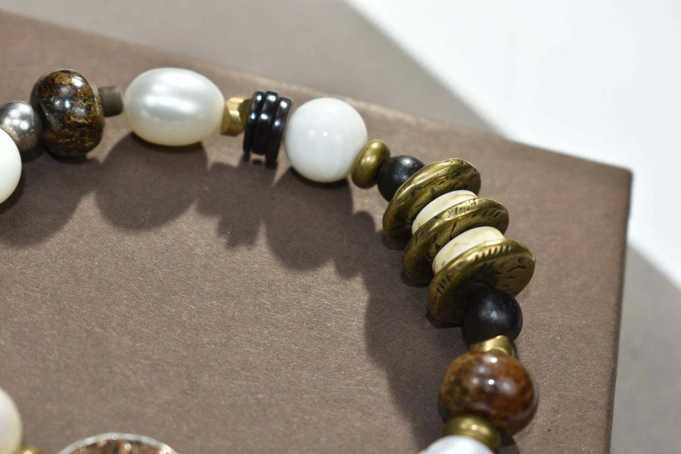 Pulsera elástica Silpada de plata de ley 925 con perlas de bronceita de madera B1989 Foto 2 de 4