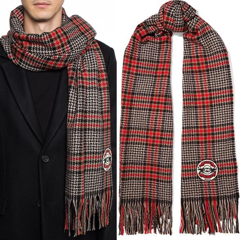NEUF GUCCI hommes/unisexe rouge plaid noir PATCH LOGO GG grande ÉCHARPE FRANGE LAINE