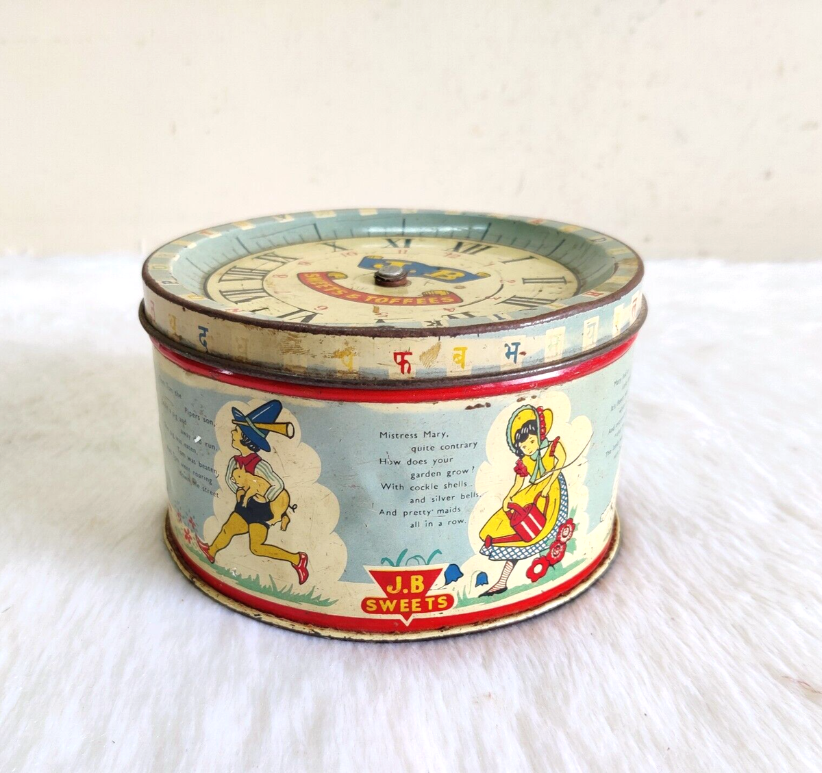 明治生命50周年記念菓子入れVintage Japanese pewter 1950s Vintage Clock Shape Poems JB Mangharam Confectionery