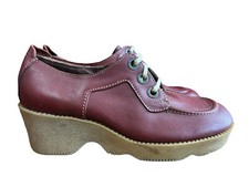 NOS 6.5 M Brown Vtg 70s Shoes BOHO WAVY Sole Platform Wedge Heel Oxfords 60s