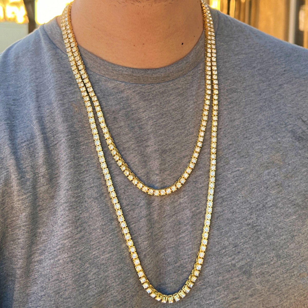 14K Gold Plated Two Tennis Chains One Row Iced CZ Hip Hop Necklace