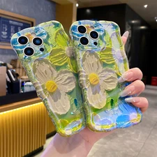 Cute Case for iPhone 16 15 14 13 12 Pro Max Oil Painting Floral Curly Wave Frame
