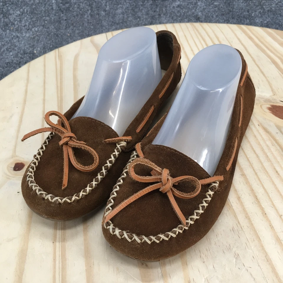 Zapatilla Minnetonka Mujer 5.5 Mocasín Cuero Marrón Sin Cordones Planos Parte Superior Baja 6963 Foto 3 de 4