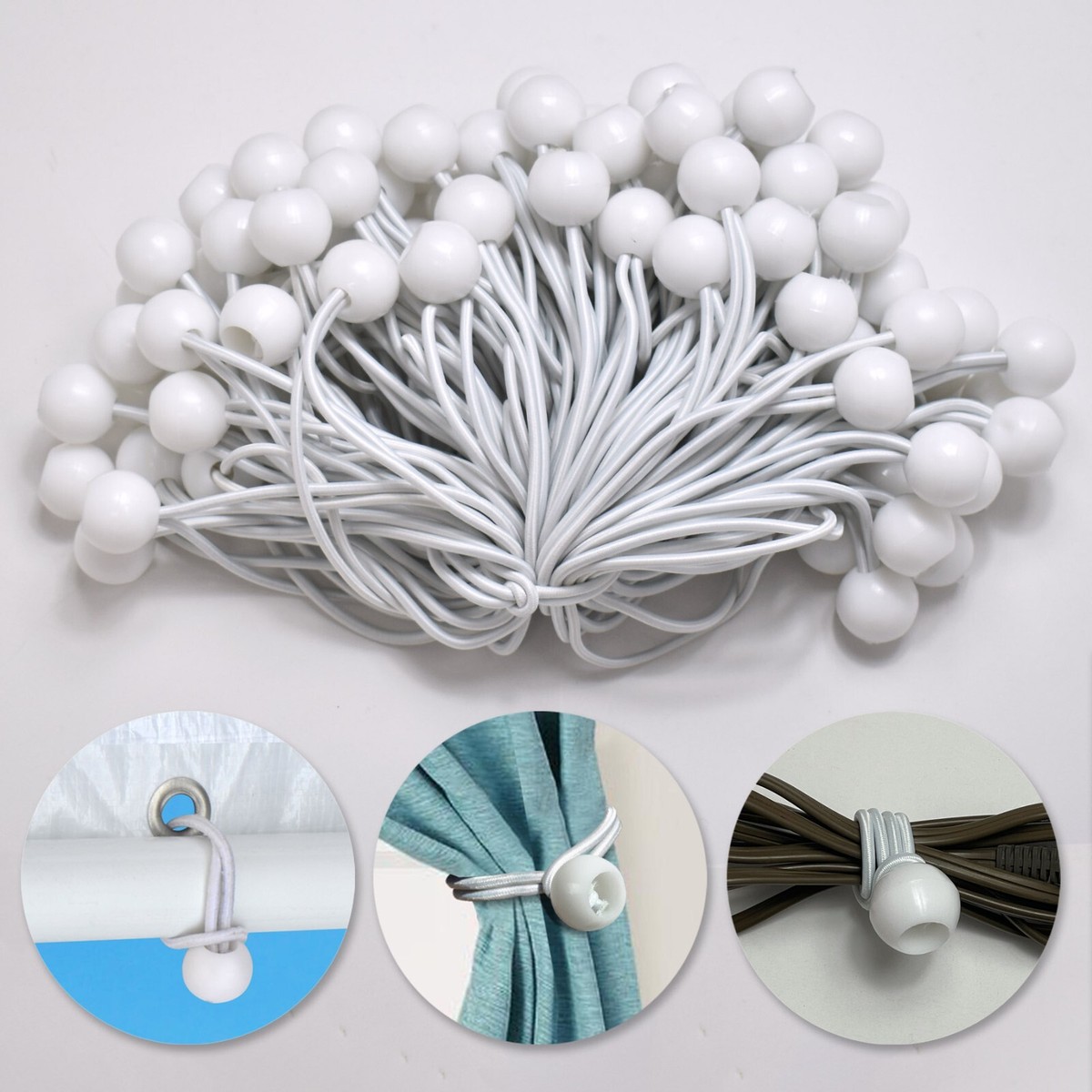 20/50/100 Pack - 6 Inch & 9 Inch Ball Bungee Cords - White Tie-Downs For Tarps, Tents, Canopies