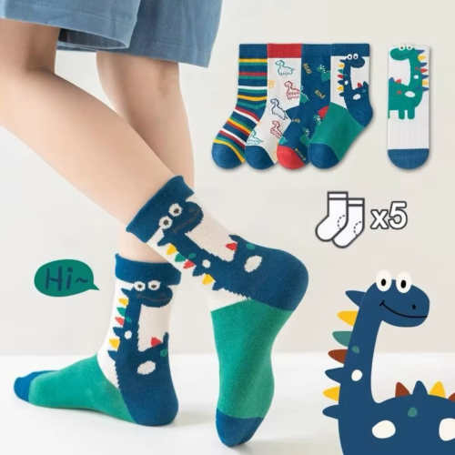 5 Pairs Autumn Winter New Style Children'S Socks Mid-High Long Dinosaur Cartoon - Picture 2 of 26