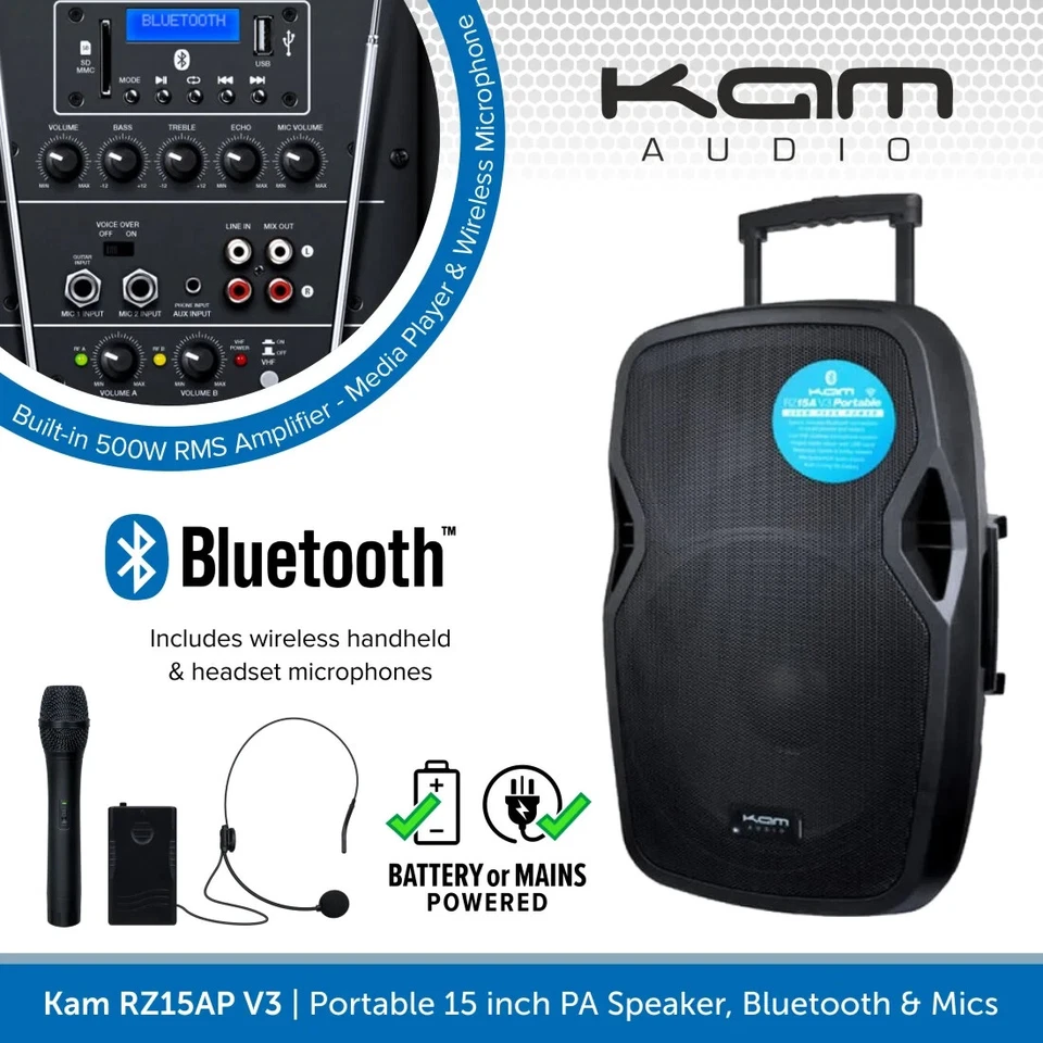 Kam RZ15AP 15" 1000W Portable PA Speaker With Bluetooth & 2 Wireless Microphones
