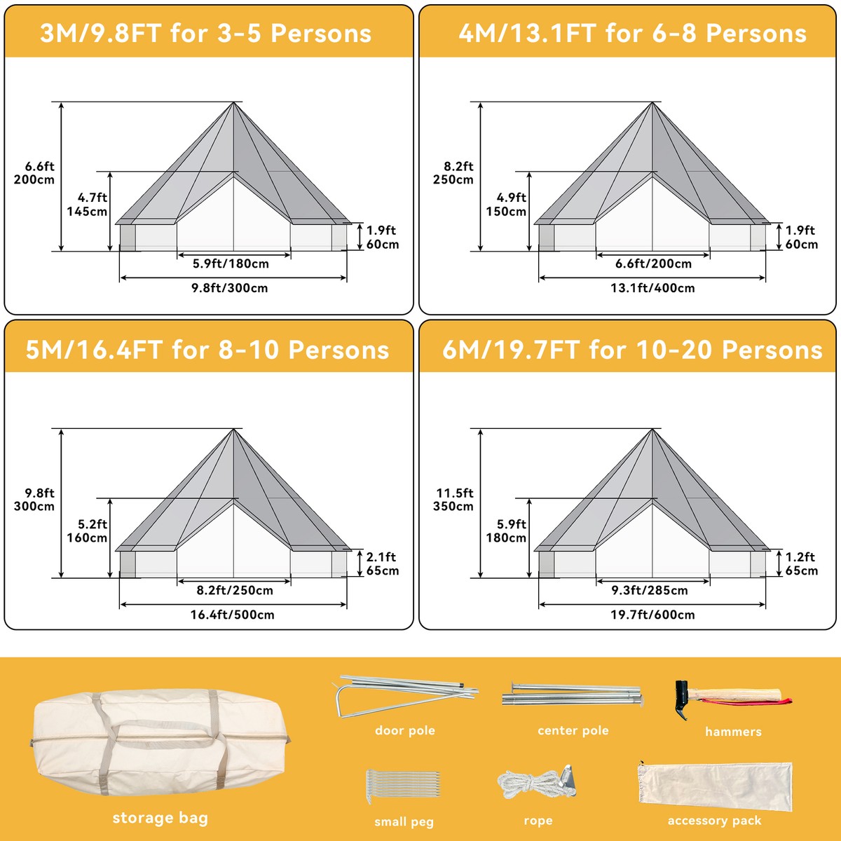 6M/20FT Canvas Bell Tent Waterproof Camping and Glamping