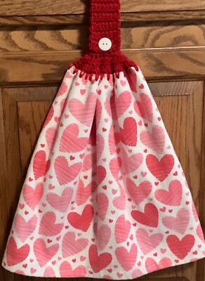 Double hanging kitchen towel Valentine hearts  love crocheted red top