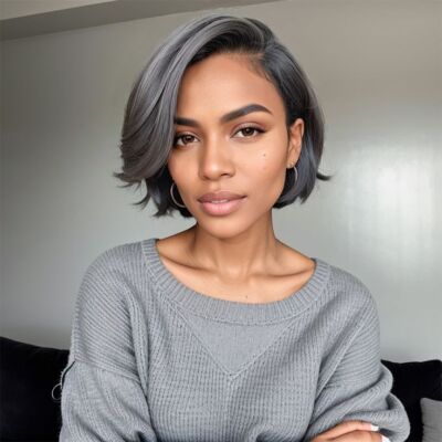 Grey Straight Short Pixie Cut Wig L Part Lace Front 100% Human Hair Wig For Lady
