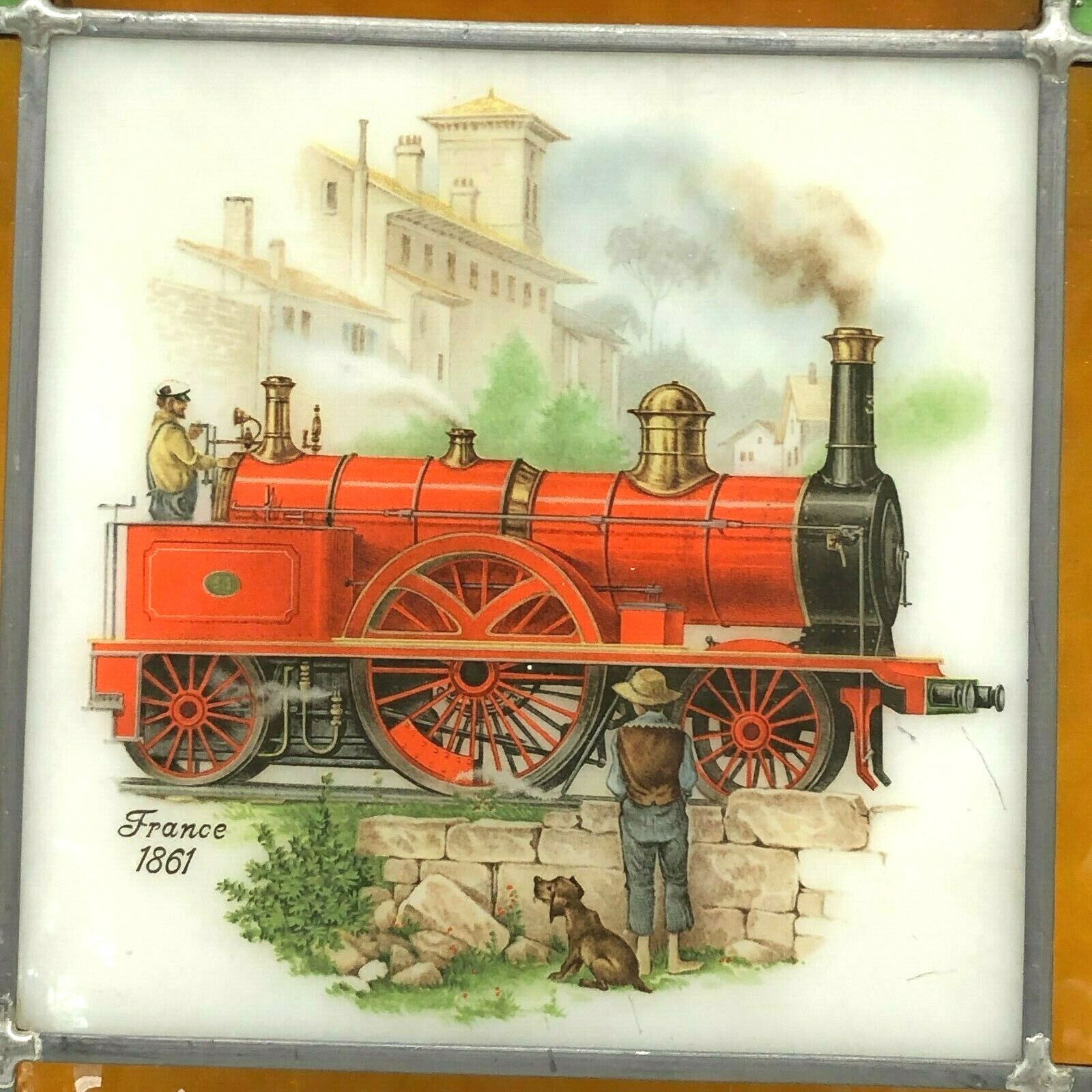 Stained Glass Window Red Locomotive Train Picture Metal Frame 'France