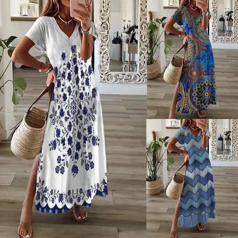 Summer Women V Neck Split Maxi Dress Floral Print Elegant Casual
