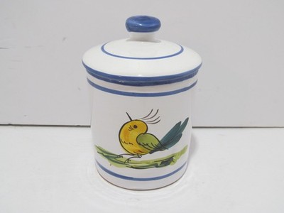 Vintage Italian Majolica Pottery 5'' Hand Painted Yellow BIRD Canister w/ Lid