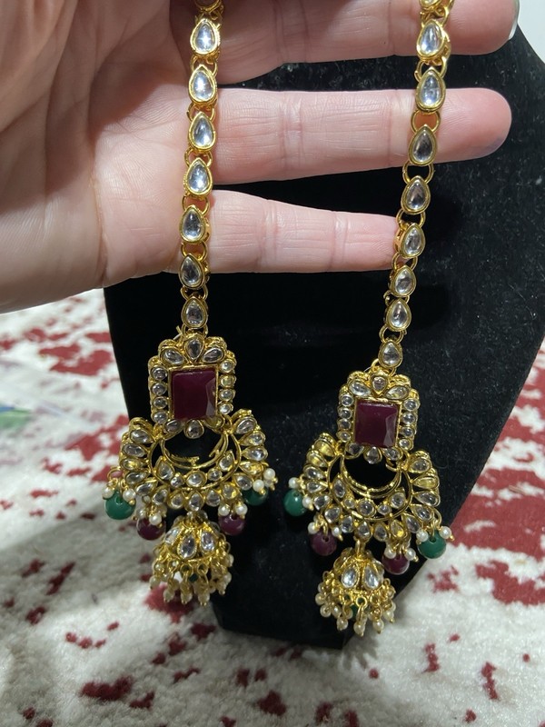Bollywood, India Costume, Wedding Pierced Earrings With Chain And Clip