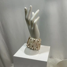 Boho Stretch Bracelet Natural Stone Beads Cream Brown Abstract Pattern Bangle