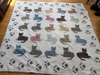VTG JC Penney Patchwork Cat Kitty Paw Print Border Quilt 80x80 Read Hard To Find