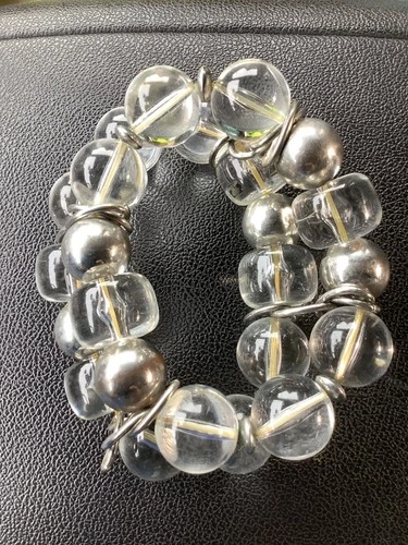 Women’s Double Chunky Clear Bead & Silver Bracelet Vintage Rare Costume Jewelry