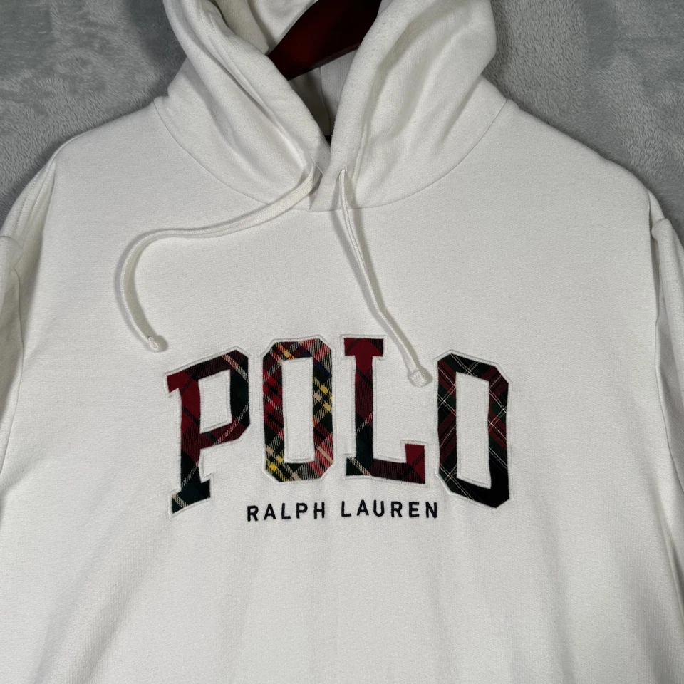 Polo Ralph Lauren Sudadera con Capucha Para Hombres XL Blanco Logotipo a Cuadros Polar Pullover Deletrear Foto 2 de 4