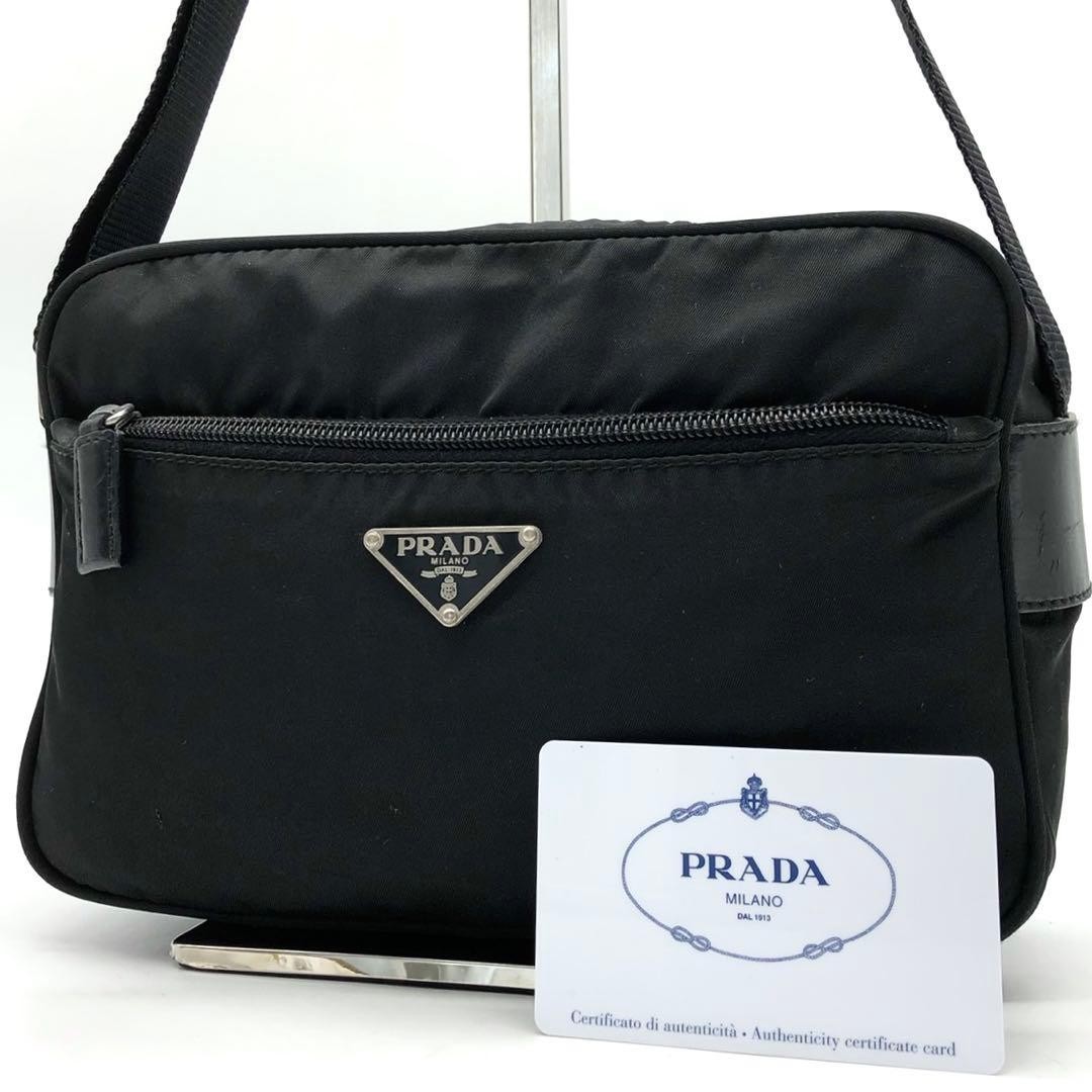 PRADA Shoulder Bag Crossbody Triangle Logo Silver Hardware Nylon Black Authentic